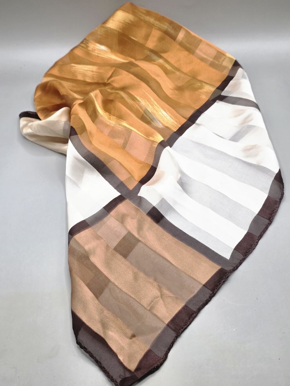 Qin Ren 100% Pure Silk Scarf Vintage Geometric Striped Square Neck Head Wrap